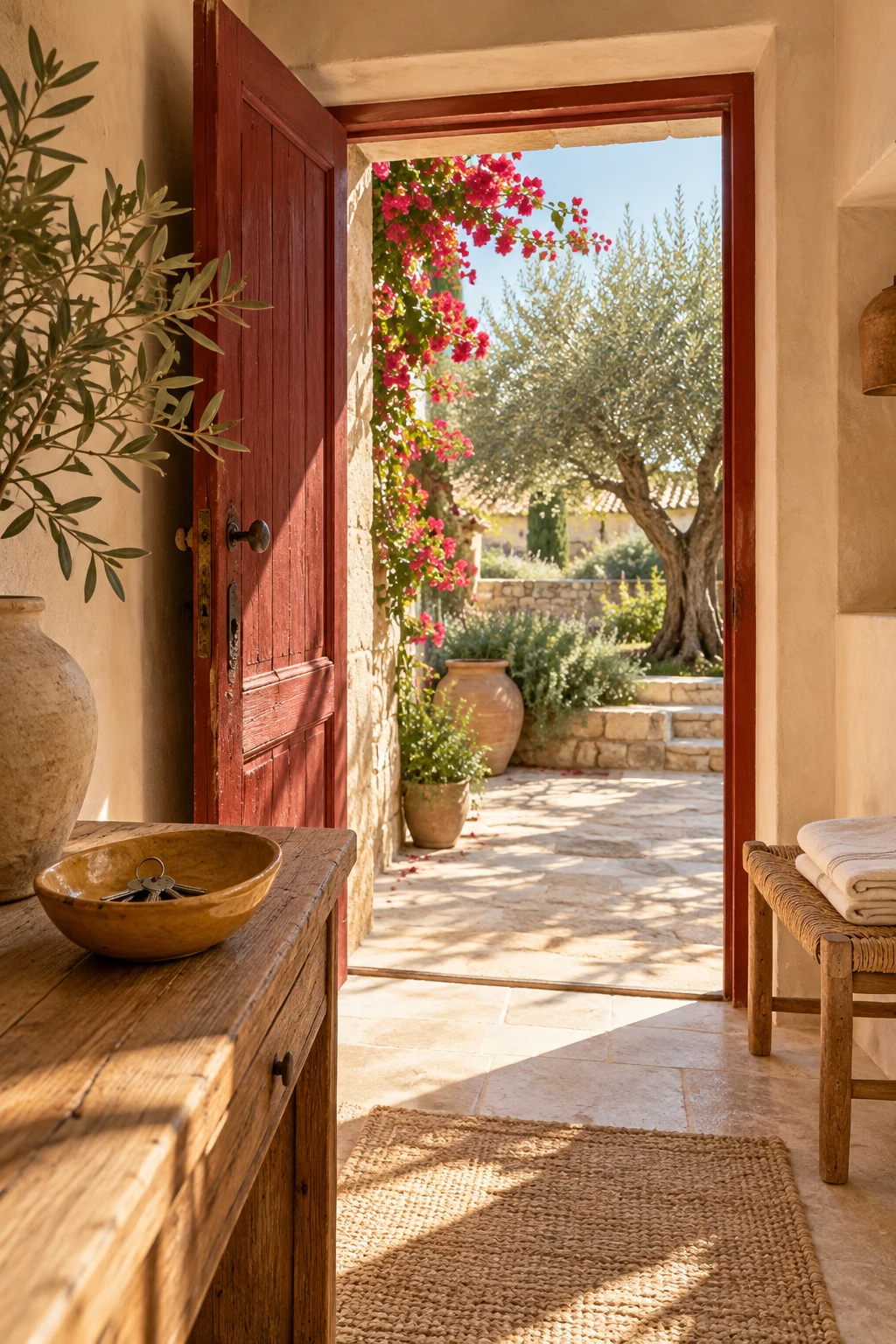 Entrée d’une maison méditerranéenne, porte rouge ouverte sur un patio, clés et linge prêts pour l’accueil