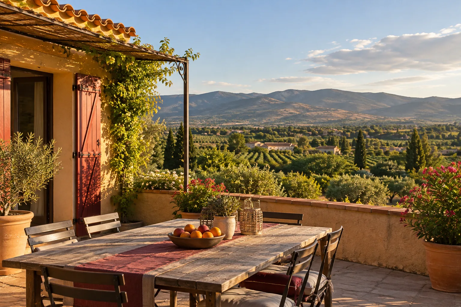 Terrasse et paysages inspirés de la vallée de la Têt — image d’ambiance générée