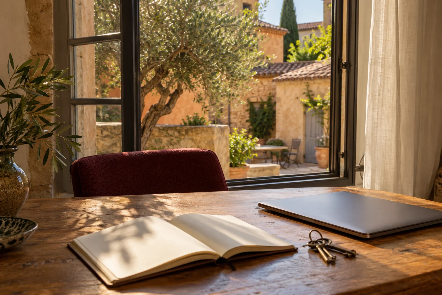 Clés et carnet sur une table ouverte sur un patio méditerranéen — image d’ambiance générée