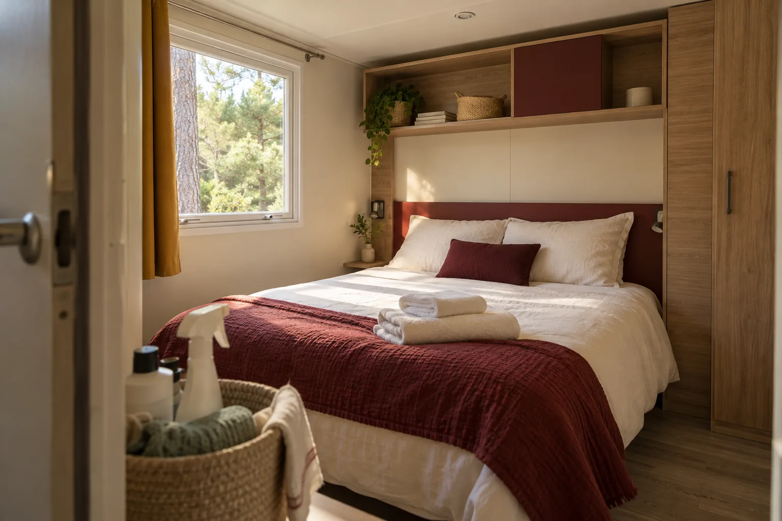 Chambre compacte de mobil-home avec linge préparé et panier de ménage — image d’ambiance générée