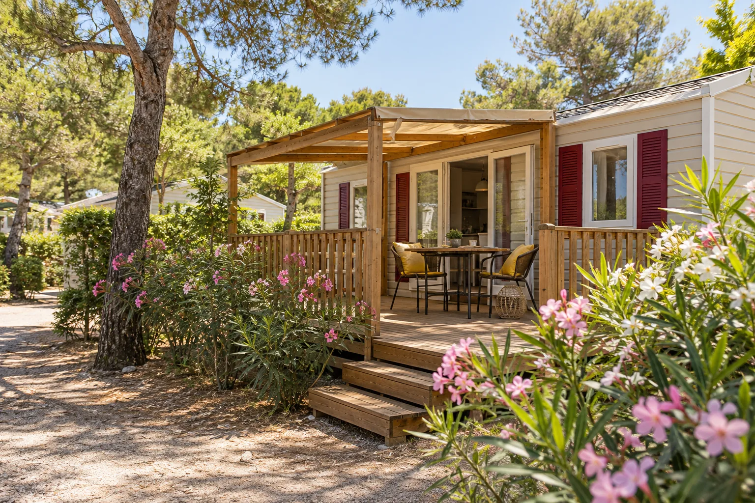 Mobil-home et terrasse sous les pins — image d’ambiance générée, sans camping partenaire représenté