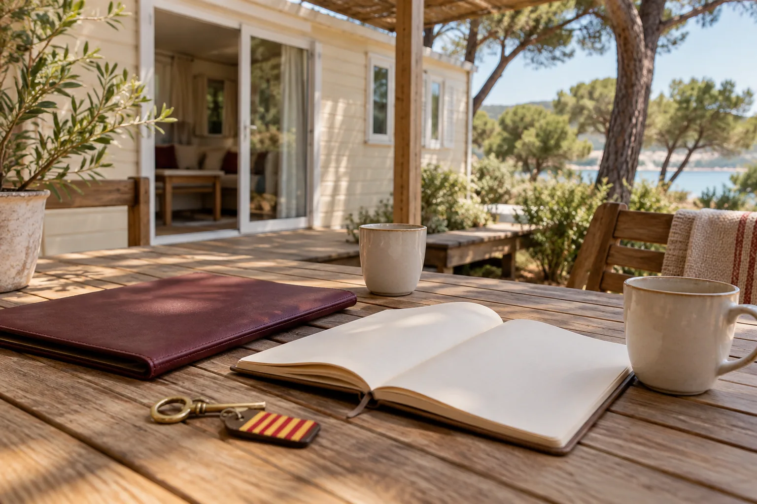Carnet et clés sur une terrasse de mobil-home — image d’ambiance générée